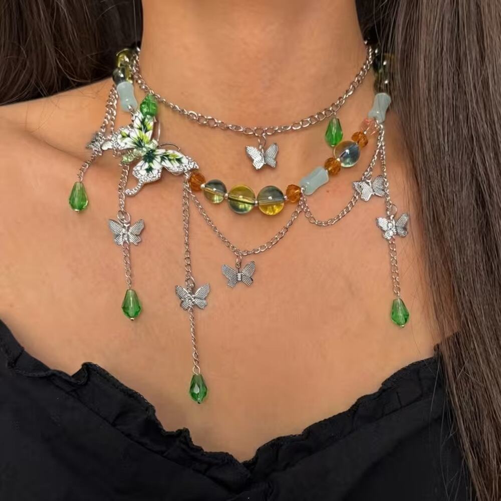 Women’s Fairy Butterfly Charm Necklace Green Beaded Layered Whimsy Jewelry